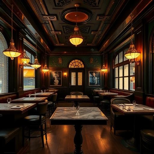 Vintage brasserie interior with brass lamps