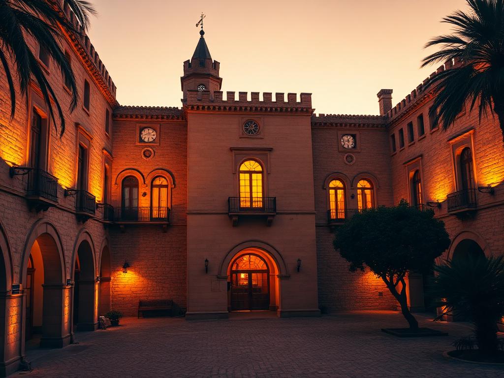 Palais des Rois de Majorque glowing at dusk