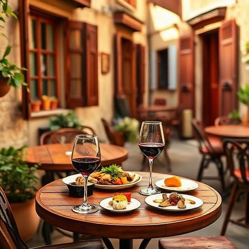 Tapas and wine on a small outdoor table